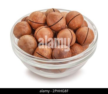 percorso di noci di macadamia isolato su bianco Foto Stock