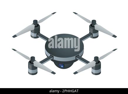 Drone elettrico isometrico con videocamera e fotocamera fotografica per fotografia aerea isolato su sfondo bianco illustrazione vettoriale Illustrazione Vettoriale