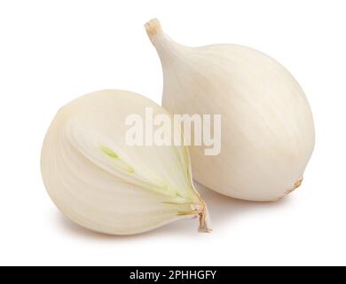 percorso di cipolle bianche tagliate isolato su bianco Foto Stock