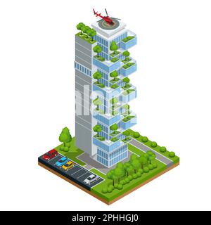 Vettore isometrico moderno grattacielo ecologico con molti alberi su ogni balcone. Ecologia e verde vivere in città, concetto di ambiente urbano. Illustrazione Vettoriale