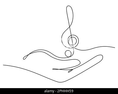 La mano tiene in mano la nota musicale con disegno continuo a una linea. Elemento lineare pulizia alti. Vettore isolato su bianco. Illustrazione Vettoriale