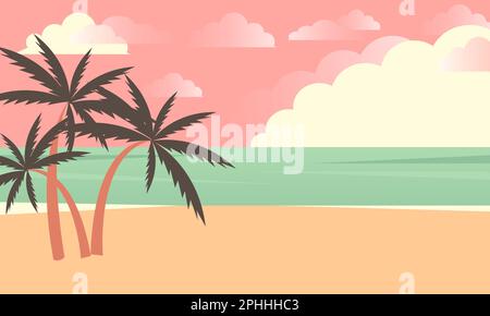 Spiaggia estiva tropicale con palme e cielo rosa. Paesaggio sul mare, spiaggia tropicale relax o paesaggio sul mare. Illustrazione dello sfondo vettoriale Illustrazione Vettoriale