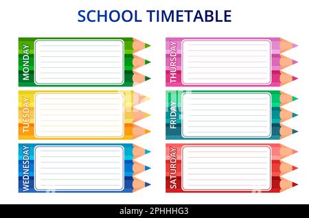 Template orario scolastico per studenti o alunni con giorni della settimana e spazi liberi per appunti. Illustrazione vettoriale. Illustrazione Vettoriale