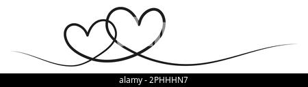 Due cuori continui una linea art. Linea di schizzo ondulata a doppio cuore. Illustrazione del vettore disegnata a mano isolata su bianco. Illustrazione Vettoriale