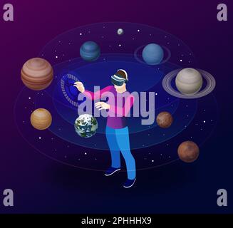 L'uomo isometrico in occhiali di realtà virtuale guarda i pianeti del sistema solare. Sole, Mercurio, Venere, pianeta terra, Marte, Giove, Saturno, Urano Illustrazione Vettoriale