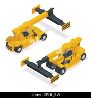 Movimentatore di contenitori mobile isometrico in azione presso un terminale di contenitori. La gru solleva il contenitore porta-container, illustrazione vettoriale isolata Illustrazione Vettoriale