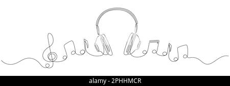 Cuffie con note musicali con disegno continuo a una linea. Illustrazione Vettoriale