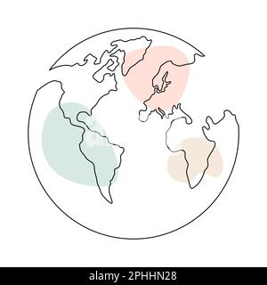 Globo terrestre continua una linea d'arte Mappa del mondo doodle disegno lineare con forme pastello. Illustrazione Vettoriale