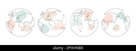 Mappa del mondo una linea di collezione d'arte. Set di disegni a linea di terra continua. Illustrazione Vettoriale
