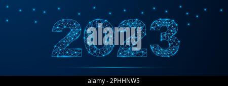 Buon anno 2023 banner. Biglietto d'auguri con bassi elementi poligonali luminosi. Illustrazione Vettoriale