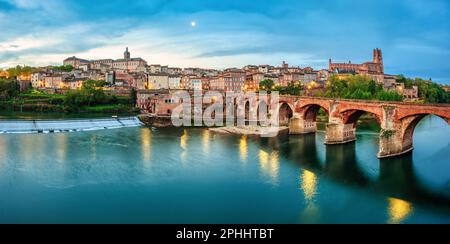 Centro storico di Albi, vista panoramica della cattedrale di Sainte-Cécile e dei ponti Pont Vieux e Pont Neuf sul fiume Tarn, Francia, a ni Foto Stock