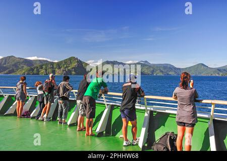 Vista di stretto di Cook & Tory canale da Inter-Island traghetto, Marlborough Sounds, Distretto di Marlborough, Isola del Sud, Nuova Zelanda Foto Stock