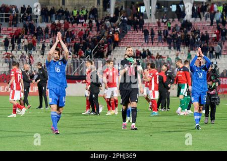 Ta'Qali, Ta'Qali, Italia, 26 marzo 2023, Bryan Cristante (Italia) Gianluigi DONNARUMMA (Italia) e Matteo Pessina (Italia) durante i qualificatori europei Foto Stock