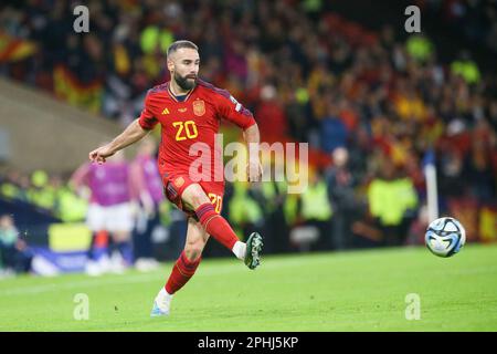 Glasgow, Regno Unito. 28th Mar, 2023. REGNO UNITO. La Scozia ha giocato la Spagna ad Hampden Park, Glasgow, nelle Qualifiche europee e la Scozia ha vinto 2 - 0. I gol sono stati segnati da Scott McTominay (numero 4) in 7 minuti e 51 minuti. Credit: Findlay/Alamy Live News Foto Stock