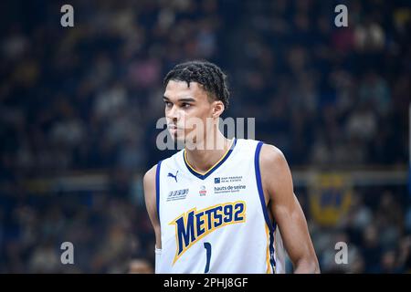 Parigi, Francia. 28th Mar, 2023. Victor Wembanyama durante il campionato francese, Betclic elite partita di basket tra le Mans Sarthe Basket (MSB) e Metropoliti 92 (Mets o Boulogne-Levallois) il 28 marzo 2023 a Parigi, Francia. Credit: Victor Joly/Alamy Live News Foto Stock