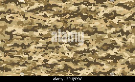 Sabbia marrone, pixel modello mimetizzazione militare o sfondo cachi, vettore esercito camo. Mosaico digitale pixel modello camouflage di sabbia marrone deserto per Illustrazione Vettoriale