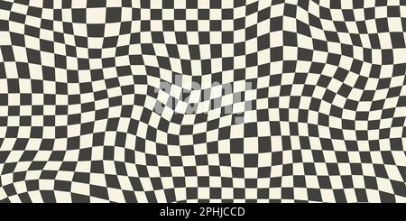 Sfondo scacchiera trippy. Carta da parati retrò psichedelica a scacchi. Superficie ondulata groovy della scacchiera. Ripetizione geometrica distorta. Sfondo vettoriale monocromatico astratto Illustrazione Vettoriale