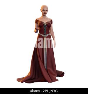 Bald Medieval Fantasy Woman in abito lungo su sfondo bianco isolato, 3D Illustrazione, rendering 3D Foto Stock