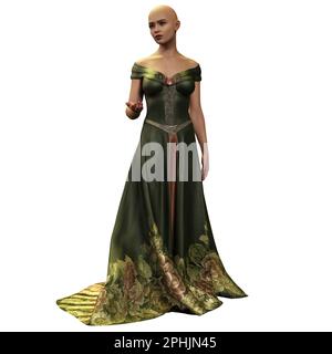 Bald Medieval Fantasy Woman in abito lungo su sfondo bianco isolato, 3D Illustrazione, rendering 3D Foto Stock