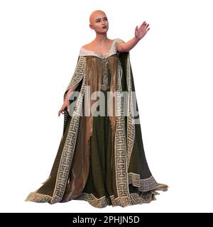 Bald Medieval Fantasy Woman in abito lungo su sfondo bianco isolato, 3D Illustrazione, rendering 3D Foto Stock