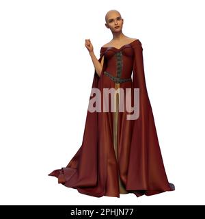 Bald Medieval Fantasy Woman in abito lungo su sfondo bianco isolato, 3D Illustrazione, rendering 3D Foto Stock