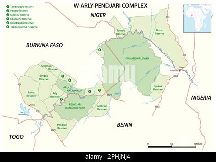 Mappa della zona di conservazione transfrontaliera W Arly Pendjari, Benin, Niger, Burkina Faso Foto Stock