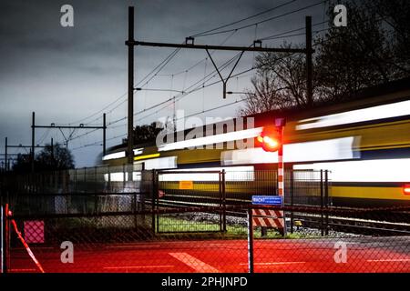 ESCH - Un treno corre in pista tra Den Bosch e Boxtel nel Brabante Nord. Il traffico ferroviario è ripreso dopo una settimana senza treni sulla rotta perché i tassi avevano scavato burrows sotto i binari di Esch e Vught. Da allora i badge si sono spostati e la pista è stata ripristinata. ANP ROB ENGELAAR olanda fuori - belgio fuori Foto Stock