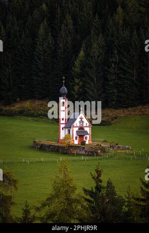 Val di Funes, Dolomiti, Italia - la bella St Johann in Ranui Chiesa in Alto Adige nelle Dolomiti con pini verdi Foto Stock