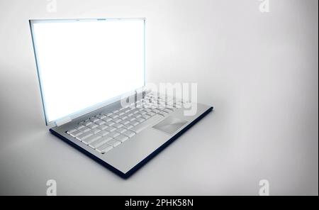 Computer portatile con schermo vuoto su sfondo grigio. Illustrazione 3D. Foto Stock