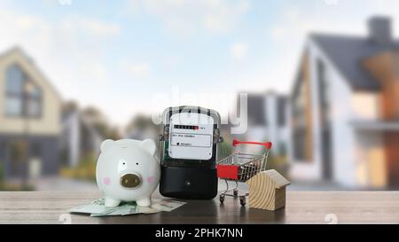 Contatore elettrico, modello di casa, banca di piggy e carrello della spesa con soldi su tavolo di legno contro vista sfocata degli edifici moderni Foto Stock