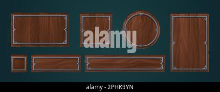 Piastre in legno con cornici in metallo per la progettazione dell'interfaccia utente del gioco. Insegne in legno, pannelli e tavole di diverse forme con bordi in ferro medievale, cartoni animati vettoriali isolati sullo sfondo Illustrazione Vettoriale