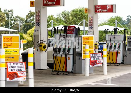 Pompe di benzina di conchiglia o pompe di carburante sul piazzale di una stazione di benzina con auto che si riempiono in Sudafrica Foto Stock