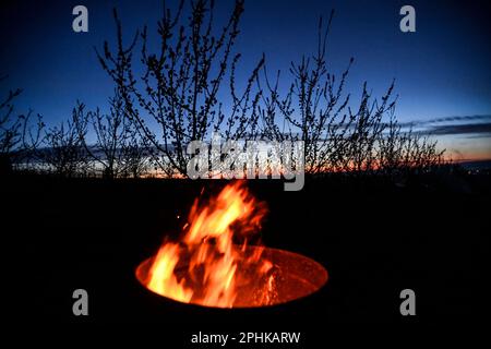 Buchlovice, Repubblica Ceca. 29th Mar, 2023. I lavoratori dei frutteti della Lukrom Plus compenetrano un incendio in barili tra albicocche in fiore, il 29 marzo 2023, a Buchlovice, Repubblica Ceca. La misura è volta ad evitare che i fiori degli alberi da frutto si congelino. Credit: Galibor Gluck/CTK Photo/Alamy Live News Foto Stock