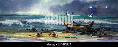 pittura acquerello barche da pesca , phuket thailandia Foto Stock