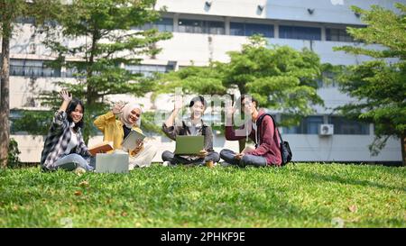 Un gruppo di giovani e felici studenti universitari asiatici-diversi stanno agitando la mano o alzando la mano mentre si siedono sull'erba nel parco del campus insieme Foto Stock