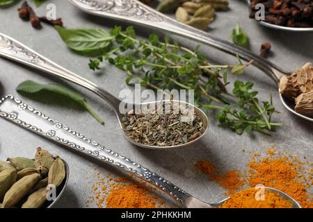 Erbe e spezie diverse con cucchiai su tavola grigia, primo piano Foto Stock