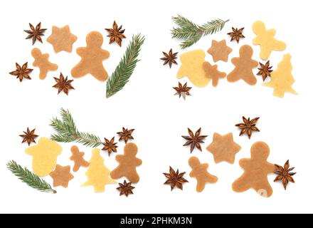 Set con biscotti Chsristmas non cotti, anice stelle e ramoscelli di abete su sfondo bianco, vista dall'alto Foto Stock