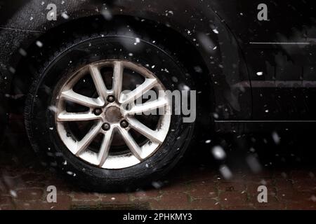 primo piano di una ruota per auto in pneumatici invernali in condizioni di maltempo con neve. Fenomeni naturali anomali Foto Stock