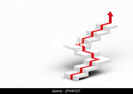 Freccia rossa che segue le scale di crescita su sfondo bianco, 3D freccia che sale su una scala, 3D scale con freccia che sale, 3D rendering Foto Stock