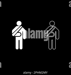 Uomo con braccio rotto mano gesso ferito bastone con bastoni persona trauma concetto di bendaggio elastico su uomo immobilizzare sostegno osso imbracatura frattura in ghisa Illustrazione Vettoriale