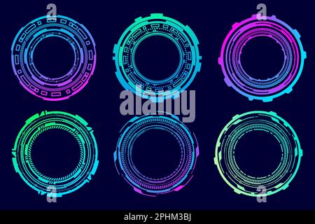 Elementi futuristici HUD. Obiettivo ottico astratto al neon. Forme geometriche circolari per l'interfaccia virtuale e i giochi. Mirino della fotocamera per arma da cecchino Illustrazione Vettoriale