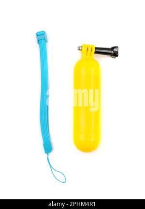Supporto giallo per Action Cam e fascetta blu isolata Foto Stock