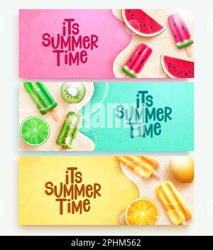 Vettore ora legale impostato. Testo di saluto estivo con frutta a fette ed elemento popsicle. Vettore illustrazione banner cibo estivo. Illustrazione Vettoriale