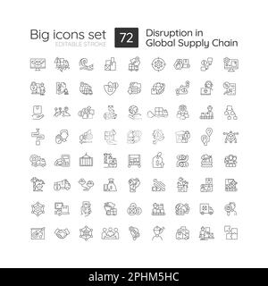 L'interruzione del set di icone lineari della catena di fornitura globale Illustrazione Vettoriale