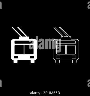 Filobus elettrico trasporto urbano trasporto pubblico urbano trolley bus set icona bianco colore vettore illustrazione immagine semplice pieno contorno Illustrazione Vettoriale