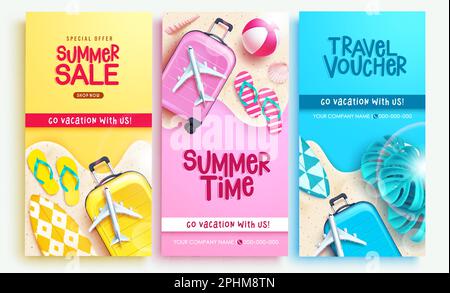 Vendita estiva set poster vettoriale. Buono di testo valido per l'estate, la vendita e il viaggio per la pubblicità della stagione tropicale. Illustrazione vettoriale estate. Illustrazione Vettoriale