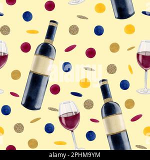 Bottiglia di vino e vetro rosso senza cuciture con confetti blu oro. Illustrazione acquerello su sfondo giallo chiaro per i disegni di festa di compleanno Foto Stock