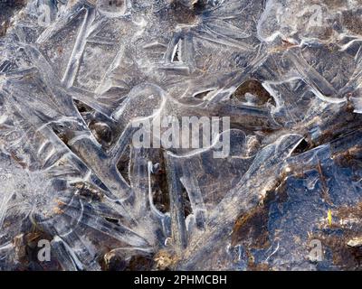 La bellezza è intorno a noi. Ma a volte dovete guardare in giù. Un recente periodo sostenuto di temperature subzero ha portato a stagni ghiacciati e pozze attraverso Foto Stock