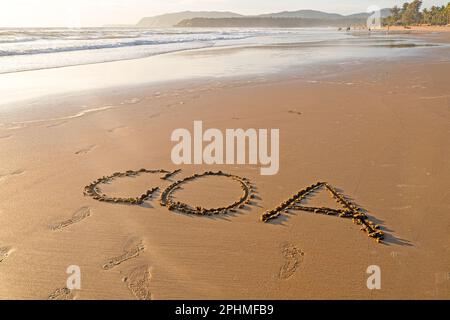 GOA parola sulla superficie sabbiosa, spiaggia estiva con riva oceano Foto Stock