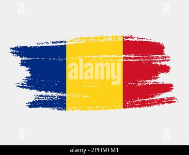 Bandiera artistica del pennello grunge della Romania isolato su sfondo bianco. Elegante texture della bandiera nazionale Illustrazione Vettoriale